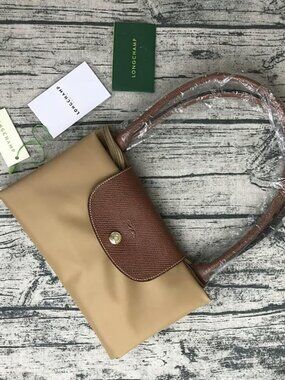 NWT Longchamp Original Medium Handbag Canvas Khaki Office Shoulder Tote Tan M